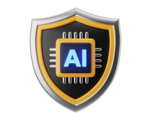 A shield with a yellow border containing a glowing ai chip in the center on a black background on transparent background