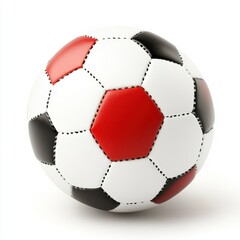 Classic Soccer Ball with Black, Red, and White Panels on White Background