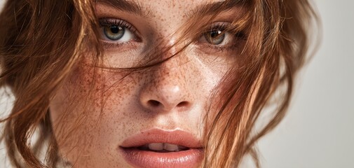 The captivating portrait of a young woman with striking freckles and expressive eyes.