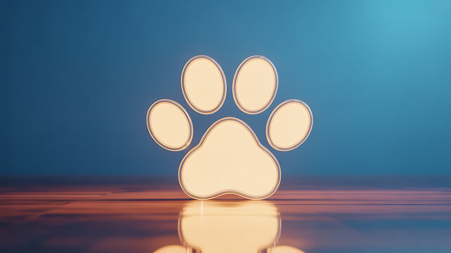 Illuminated paw print silhouette on reflective surface with gradient blue background