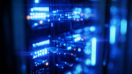 Obraz premium cables. Close-up view of illuminated server components in a data center with cool blue lighting. product launch decks, UI/UX mockups, designed for data visualization dashboards and holographic UIs.