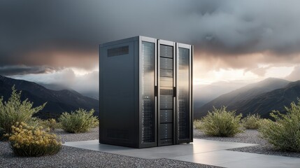 Modern Data Center Against Dramatic Mountain Landscape at Sunset