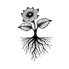 Elegant botanical illustration featuring a blooming flower with intricate roots symbolizing