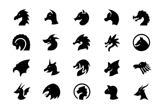 Collection of various dragon head icons, featuring different styles, perfect for game development, logo design, and fantasy art projects