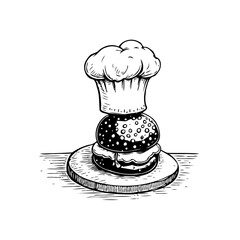 Elegant culinary concept a chef's hat sits atop a meticulously detailed burger presentation a