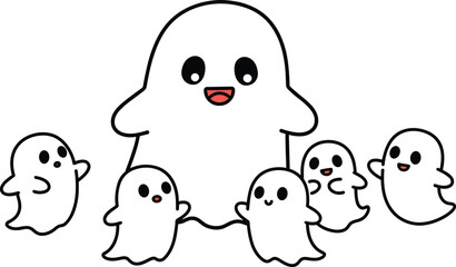 Group of happy ghosts, cartoon Halloween vector, playful haunted characters, spooky spirit illustration, black white graphic, festive cute theme design