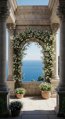 Naklejka premium Stone archway draped with white flowers, overlooking a tranquil sea view. Represents serenity, peace, and romantic escape. Ideal for travel or wedding themes.