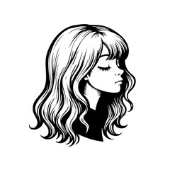 Elegant depiction of a serene woman with wavy hair conveying calmness and subtle beauty black and