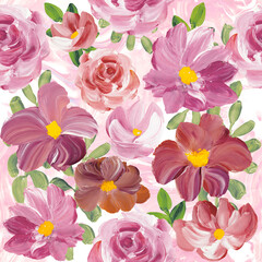 Seamless pattern of abstract pink flowers, original hand drawn, impressionism style, color texture, brush strokes of paint, art background