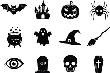 Halloween icon set, spooky vector symbols, black white graphic, festive horror elements, ghost bat pumpkin skull, witch hat coffin art