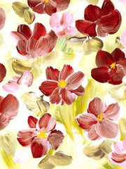 Abstract red  flowers, original hand drawn, impressionism style, color texture, brush strokes of paint, art background.