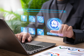 AI and Digital Marketing Concept, Businessman Use AI Analytics Business marketing, Risk, Online Campaigns, Data Analytics, Customer Insights, Digital Advertising Strategy Target, Smart Technology