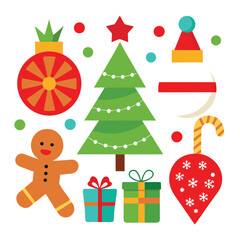 Naklejka premium Vector art of a collection of festive christmas icons including a gingerbread man, christmas tree, gifts, candy cane, and ornaments, isolated on a