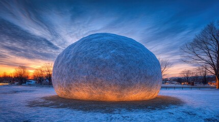 Massive Snow Sculpture Glowing at Dusk in a Winter Landscape