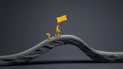 Tiny explorers with yellow banners, undulating path journey, symbolic triumph; Festivus spirit, obscure adventure day celebration