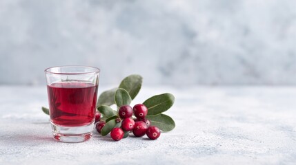 Cranberry elixir glimmers in frosty glass, capturing winter solstice's essence, Nordic health rituals, vivid tart tranquility