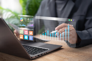 Modern Marketing Analysis Concept, Businessman Showing Financial Graph, Online Business Strategy, Digital Trade, Market Growth Analytics, Corporate Sales, Investment, Profit, E-Commerce Development