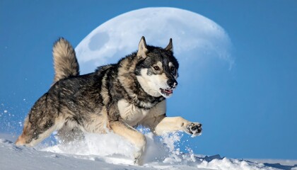 Naklejka premium Wolf runs through deep snow