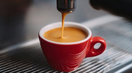 Crafting espresso symphony in a red cup, caffeinated bliss, World Coffee Day, barista ritual, steamy morning poetry