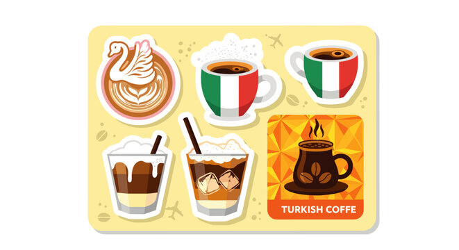 A vibrant collection of diverse coffee drinks, featuring hot and cold varieties with unique designs, perfect for cafe menus and beverage advertisements. - Powered by Adobe