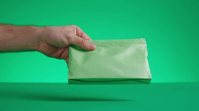 Hand holding package with resealable peel strip halfway removed on green screen perfect for illustrating return and reuse packaging concepts.