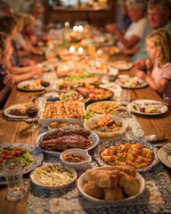 Fototapeta premium Family Feast: A vibrant and inviting overhead shot showcases a long wooden table laden with an assortment of appetizing dishes, shared amongst a close-knit family, evoking warmth and togetherness.