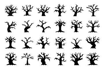 Collection of spooky bare trees silhouettes, perfect for halloween designs, eerie landscapes, and autumnal themes