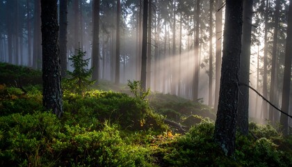 Sunbeams pierce forest fog
