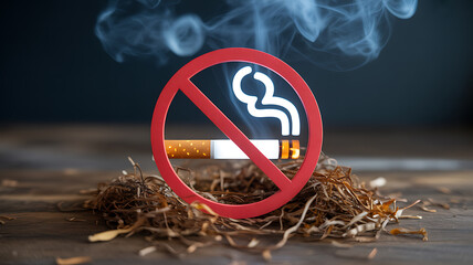 No smoking sign with cigarette and smoke on wooden surface