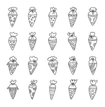 Celebration cone set in outline line art with decorative ornaments and different shapes inspired by school traditions for children in germany marking first grade holiday for your projects
