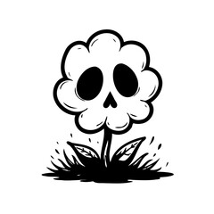 Floral skull whimsical illustration: a monochrome drawing of morbid bloom with dark humor for