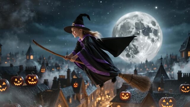 A young girl dressed as a witch flies on a broomstick across a spooky Halloween town. Glowing jack-o'-lanterns and a bright full moon complete the magical scene. Halloween fantasy.