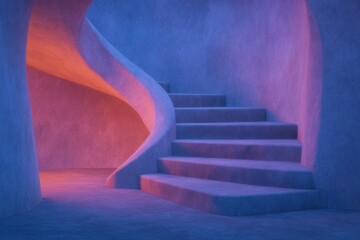 Sculptural spiral staircase illuminated by soft, colorful lighting in a modern architectural space