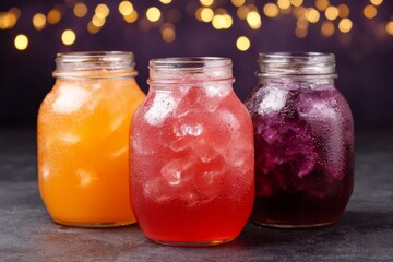 Chilled kaleidoscope of vibrant fruit elixirs in mason jars, evoking Midsummer Nights Feast and Carnaval revelry with shimmering delight