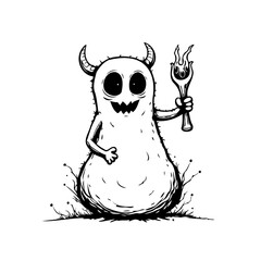 Humorous horned creature with fiery fork illustration showcasing unique cartoon character design