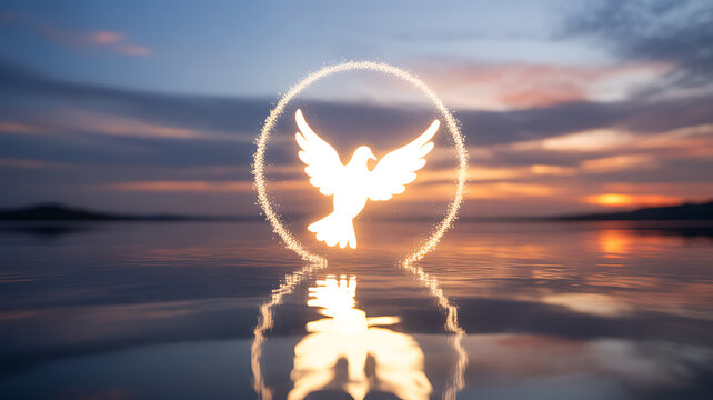 Glowing dove silhouette within a circular light halo reflected on water at sunset - Powered by Adobe