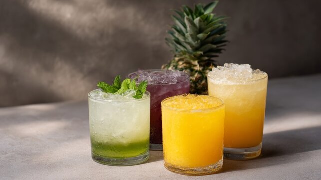 Tropical cocktails bask in sunlight, pineapple hypnotism, Carnivals juicy embrace, succulent elixir quartet for Pina Colada Day reverie