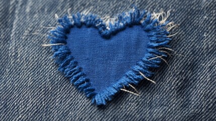 Frayed denim heart patch whispers rustic love, patchwork poetry, and Denim Day solidarity, nestled in blue-jean tapestry
