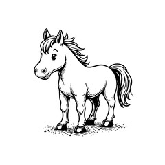 Illustrative monochrome pony drawing evokes childhood wonder with whimsical design on clear white