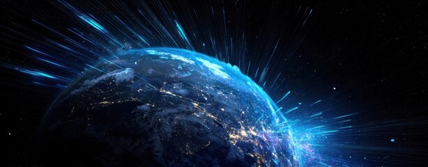 Obraz premium The Earth illuminated at night with futuristic light trails and cosmic energy