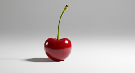 A single ripe red cherry with a long green stem standing upright isolated on a clean white background with soft shadow isolated on white background