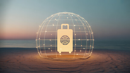 A glowing suitcase icon enclosed in a spherical grid structure on a beach at sunset