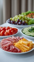 Vibrant antipasti plates display succulent salami serenades and cheddar symphonies, evoking Mediterranean feasts and rustic Harvest Festival gatherings