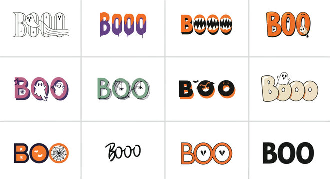 Spooky 'Boo' text designs for Halloween, featuring ghostly greetings, fun lettering, and creative word art perfect for party invitations, decorations, and festive designs