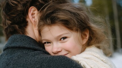 A young girl with windswept hair embraces a fatherly figure during Sinterklaas; cherish familial warmth and winter wonder