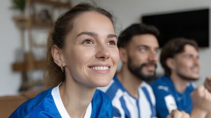 Sporty enthusiasm radiates from a smiling Caucasian woman watching soccer, echoing World Cup fervor and camaraderie on International Friendship Day