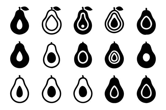 Collection of fifteen avocado icons in various styles a versatile set for designs related to food, health, and nature