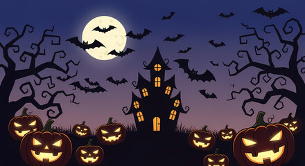 Halloween Background with Pumpkins, Haunted House and Full Moon &ndash; Flat Vector Illustration
