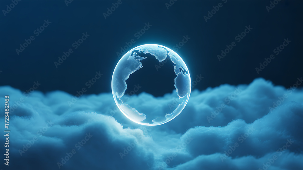 Wall mural transparent globe floating above clouds against a dark blue sky
