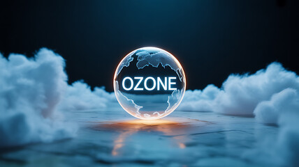 A glowing globe with the word 'OZONE' floats above clouds and water, symbolizing atmospheric protection and environmental science.